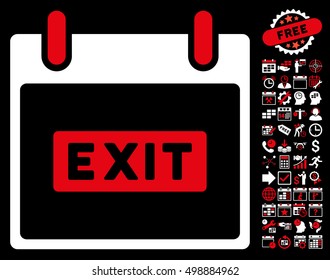 Exit Caption Calendar Day icon with bonus calendar and time management symbols. Vector illustration style is flat iconic symbols, red and white, black background.