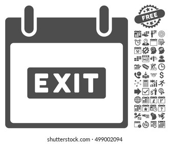 Exit Caption Calendar Day icon with bonus calendar and time management symbols. Vector illustration style is flat iconic symbols, gray, white background.