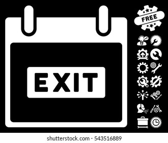 Exit Caption Calendar Day icon with bonus configuration clip art. Vector illustration style is flat iconic symbols, white, black background.