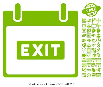 Exit Caption Calendar Day icon with bonus calendar and time management graphic icons. Vector illustration style is flat iconic symbols, eco green, white background.