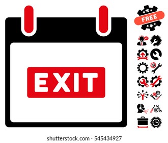 Exit Caption Calendar Day icon with bonus service pictograms. Vector illustration style is flat iconic symbols, intensive red and black, white background.