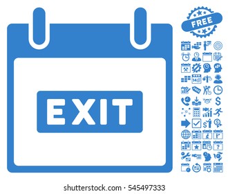 Exit Caption Calendar Day icon with bonus calendar and time management pictures. Vector illustration style is flat iconic symbols, cobalt, white background.
