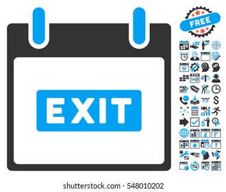 Exit Caption Calendar Day icon with bonus calendar and time management design elements. Vector illustration style is flat iconic symbols, blue and gray, white background.