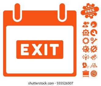 Exit Caption Calendar Day icon with bonus settings symbols. Vector illustration style is flat iconic symbols, orange, white background.