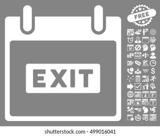Exit Caption Calendar Day pictograph with bonus calendar and time management symbols. Vector illustration style is flat iconic symbols, white, gray background.