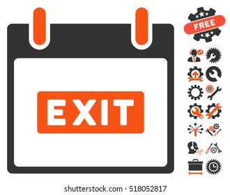Exit Caption Calendar Day pictograph with bonus service symbols. Vector illustration style is flat iconic symbols, orange and gray, white background.