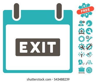 Exit Caption Calendar Day pictograph with bonus setup tools clip art. Vector illustration style is flat iconic symbols, grey and cyan, white background.