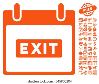 Exit Caption Calendar Day pictograph with bonus calendar and time management images. Vector illustration style is flat iconic symbols, orange, white background.