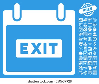 Exit Caption Calendar Day pictograph with bonus calendar and time management images. Vector illustration style is flat iconic symbols, white, blue background.