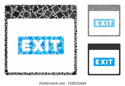 Exit caption calendar page composition of abrupt pieces in variable sizes and color tints, based on exit caption calendar page icon. Vector abrupt pieces are composed into composition.