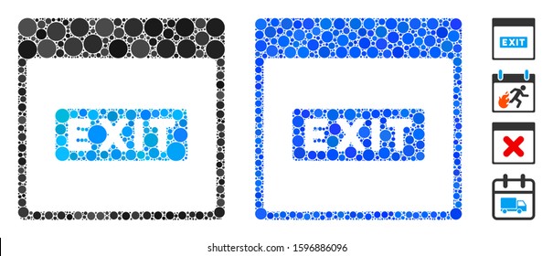Exit caption calendar page composition of circle elements in variable sizes and color tones, based on exit caption calendar page icon. Vector circle elements are organized into blue illustration.