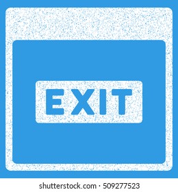 Exit Caption Calendar Page grainy textured icon for overlay watermark stamps. Flat symbol with scratched texture. Dotted vector white ink rubber seal stamp with grunge design on a blue background.