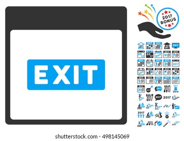 Exit Caption Calendar Page icon with bonus calendar and time management icon set. Vector illustration style is flat iconic symbols, blue and gray colors, white background.