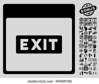 Exit Caption Calendar Page icon with bonus calendar and time management clip art. Vector illustration style is flat iconic symbols, black, light gray background.