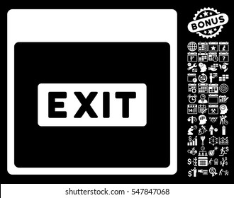 Exit Caption Calendar Page icon with bonus calendar and time management graphic icons. Vector illustration style is flat iconic symbols, white, black background.