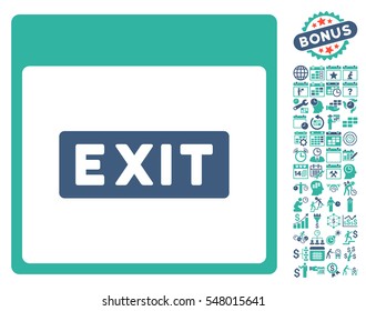 Exit Caption Calendar Page icon with bonus calendar and time management pictures. Vector illustration style is flat iconic symbols, cobalt and cyan, white background.
