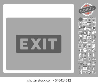 Exit Caption Calendar Page icon with bonus calendar and time management pictures. Vector illustration style is flat iconic symbols, dark gray and white, silver background.