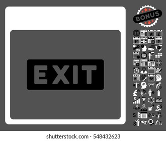 Exit Caption Calendar Page icon with bonus calendar and time management pictograms. Vector illustration style is flat iconic symbols, black and white, gray background.