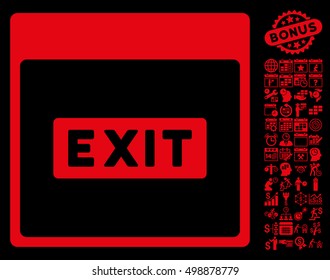 Exit Caption Calendar Page pictograph with bonus calendar and time management graphic icons. Vector illustration style is flat iconic symbols, red, black background.