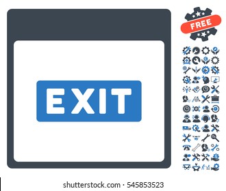 Exit Caption Calendar Page pictograph with bonus setup tools images. Vector illustration style is flat iconic symbols, smooth blue, white background.