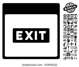 Exit Caption Calendar Page pictograph with bonus calendar and time management pictograms. Vector illustration style is flat iconic symbols, black, white background.