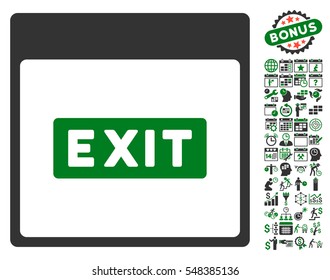 Exit Caption Calendar Page pictograph with bonus calendar and time management pictograph collection. Vector illustration style is flat iconic symbols, green and gray, white background.