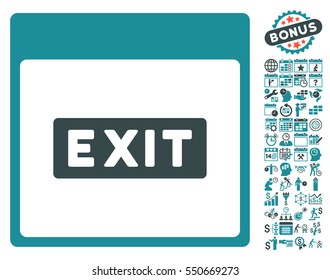 Exit Caption Calendar Page pictograph with bonus calendar and time management graphic icons. Vector illustration style is flat iconic symbols, soft blue, white background.