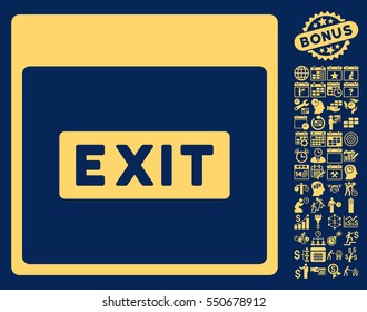 Exit Caption Calendar Page pictograph with bonus calendar and time management symbols. Vector illustration style is flat iconic symbols, yellow, blue background.