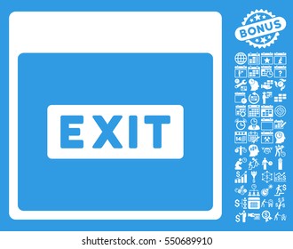 Exit Caption Calendar Page pictograph with bonus calendar and time management pictograms. Vector illustration style is flat iconic symbols, white, blue background.