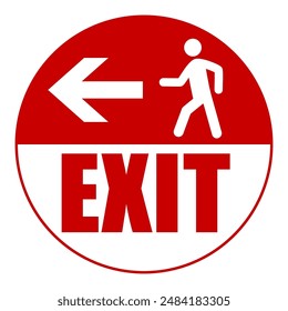 Exit. Circle floor sign with directional arrow and silhouette of a person walking. Text in the lower side. Red and white colors.