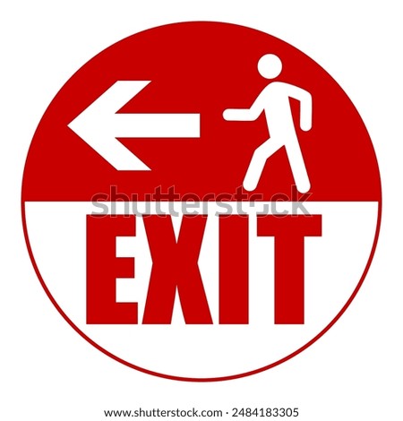 Exit. Circle floor sign with directional arrow and silhouette of a person walking. Text in the lower side. Red and white colors.