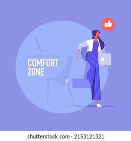 Exit from the comfort zone concept, businesswoman carefully stepping out of a comfort zone