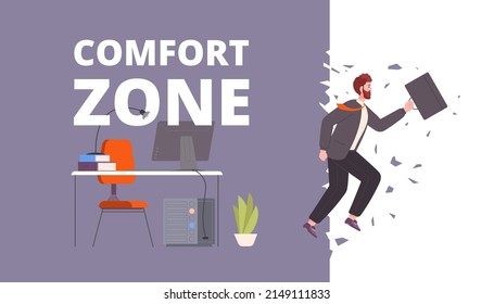 Exit from comfort zone. Dapper employee jump leaving comfortable office, stuck entrepreneur dared exiting comforted zones for growth motivating success new life vector illustration of worker change