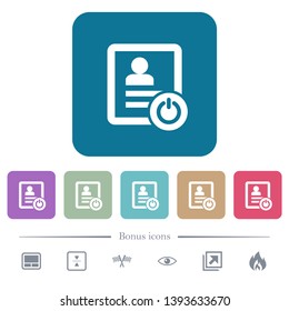 Exit from contact list white flat icons on color rounded square backgrounds. 6 bonus icons included