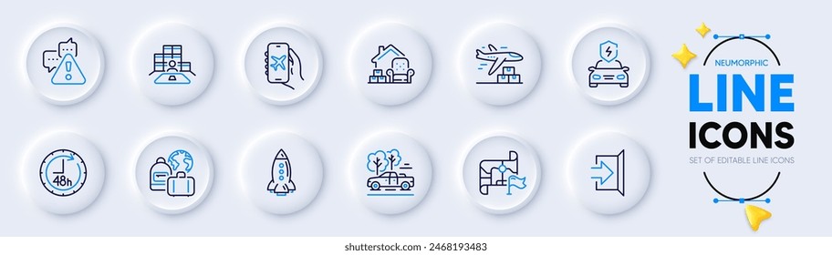 Iconos de salida, avión de entrega y línea de carga del coche para el App del Web. Paquete de modo de vuelo, 48 horas, iconos de pictograma de la bandera de destino. Equipaje, inventario, señales de recogida. Empacando cosas, Rocket, Aviso. Vector