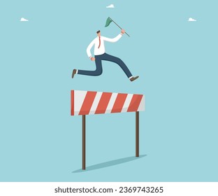 Exit of difficult situation and overcoming difficulties, creativity in creating the right strategy for achieving goals, great success and effectiveness in completing tasks, man jumps over an obstacle.