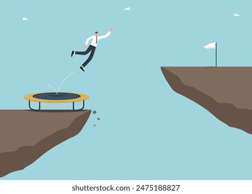 Exit of difficult situation and overcoming difficulties, creating the right strategy for achieving goals, great success and effectiveness in completing tasks, man using trampoline overcomes cliff.