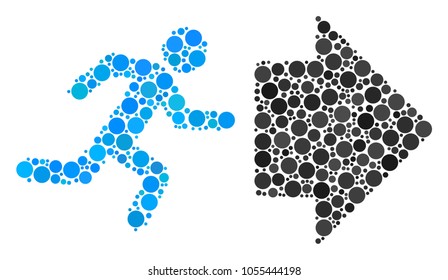 Exit Direction collage of round dots in various sizes and color shades. Round dots are united into exit direction vector collage. Vector illustration.