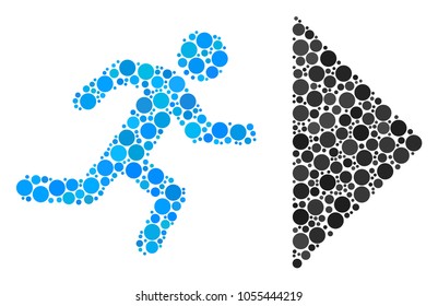 Exit Direction composition of dots in different sizes and color tints. Circle elements are composed into exit direction vector composition. Vector design concept.