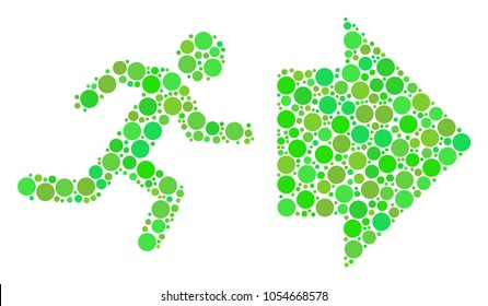 Exit Direction composition of filled circles in variable sizes and eco green color tinges. Vector round dots are composed into exit direction collage. Freshness design concept.