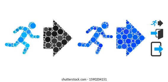 Exit direction composition of round dots in different sizes and color tones, based on exit direction icon. Vector round dots are grouped into blue composition.