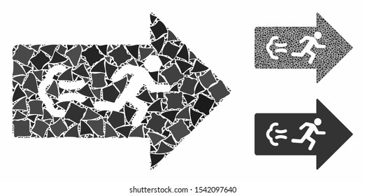 Exit direction composition of unequal pieces in different sizes and color tones, based on exit direction icon. Vector uneven pieces are united into composition.