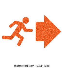 Exit Direction grainy textured icon for overlay watermark stamps. Flat symbol with unclean texture. Dotted vector orange ink rubber seal stamp with grunge design on a white background.