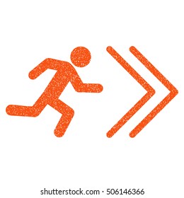 Exit Direction grainy textured icon for overlay watermark stamps. Flat symbol with scratched texture. Dotted vector orange ink rubber seal stamp with grunge design on a white background.