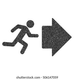 Exit Direction grainy textured icon for overlay watermark stamps. Flat symbol with dust texture. Dotted vector gray ink rubber seal stamp with grunge design on a white background.