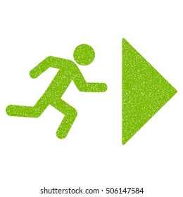 Exit Direction grainy textured icon for overlay watermark stamps. Flat symbol with dust texture. Dotted vector eco green ink rubber seal stamp with grunge design on a white background.