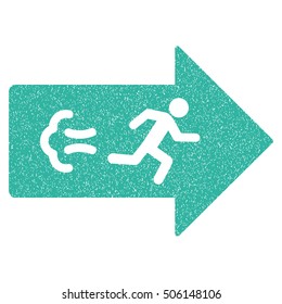 Exit Direction grainy textured icon for overlay watermark stamps. Flat symbol with dust texture. Dotted vector cyan ink rubber seal stamp with grunge design on a white background.