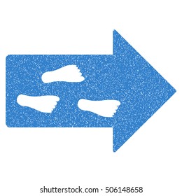Exit Direction grainy textured icon for overlay watermark stamps. Flat symbol with dust texture. Dotted vector cobalt ink rubber seal stamp with grunge design on a white background.