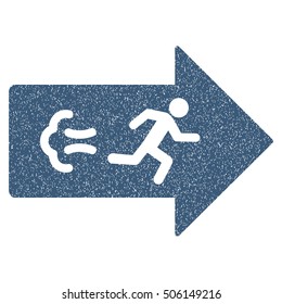 Exit Direction grainy textured icon for overlay watermark stamps. Flat symbol with dirty texture. Dotted vector blue ink rubber seal stamp with grunge design on a white background.