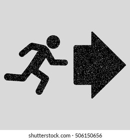 Exit Direction grainy textured icon for overlay watermark stamps. Flat symbol with dust texture. Dotted vector black ink rubber seal stamp with grunge design on a light gray background.